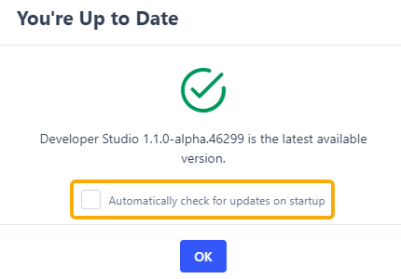 The You're Up to Date dialog box displays with the Automatically check for updates on startup checkbox deselected and outlined